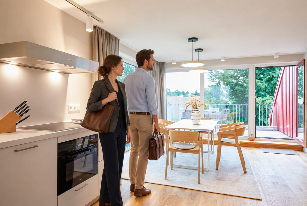 Business-Gäste kommen nach dem Bürotag ins Apartment – Bades Huk Long Stay