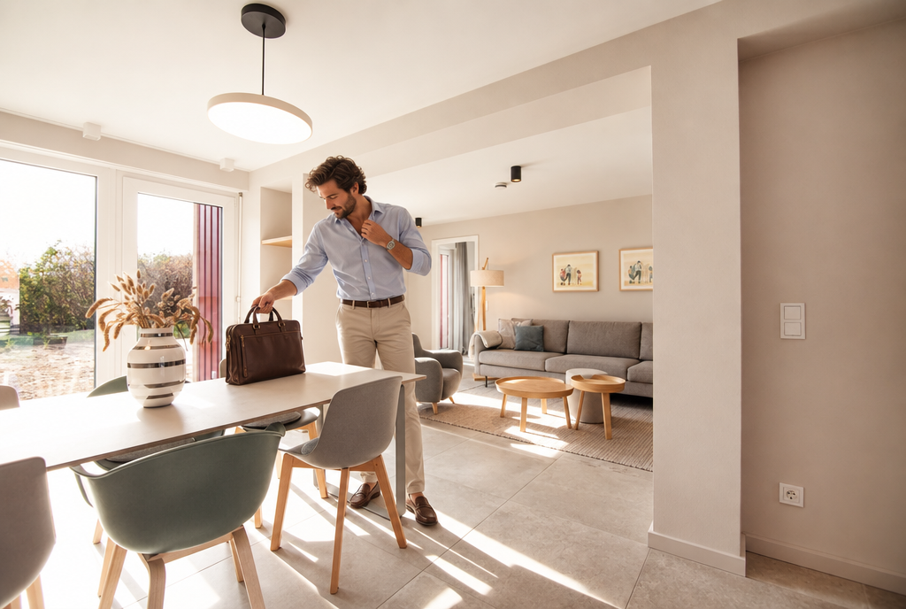 Business-Gast kommt nach dem Bürotag ins Apartment – Bades Huk Long Stay